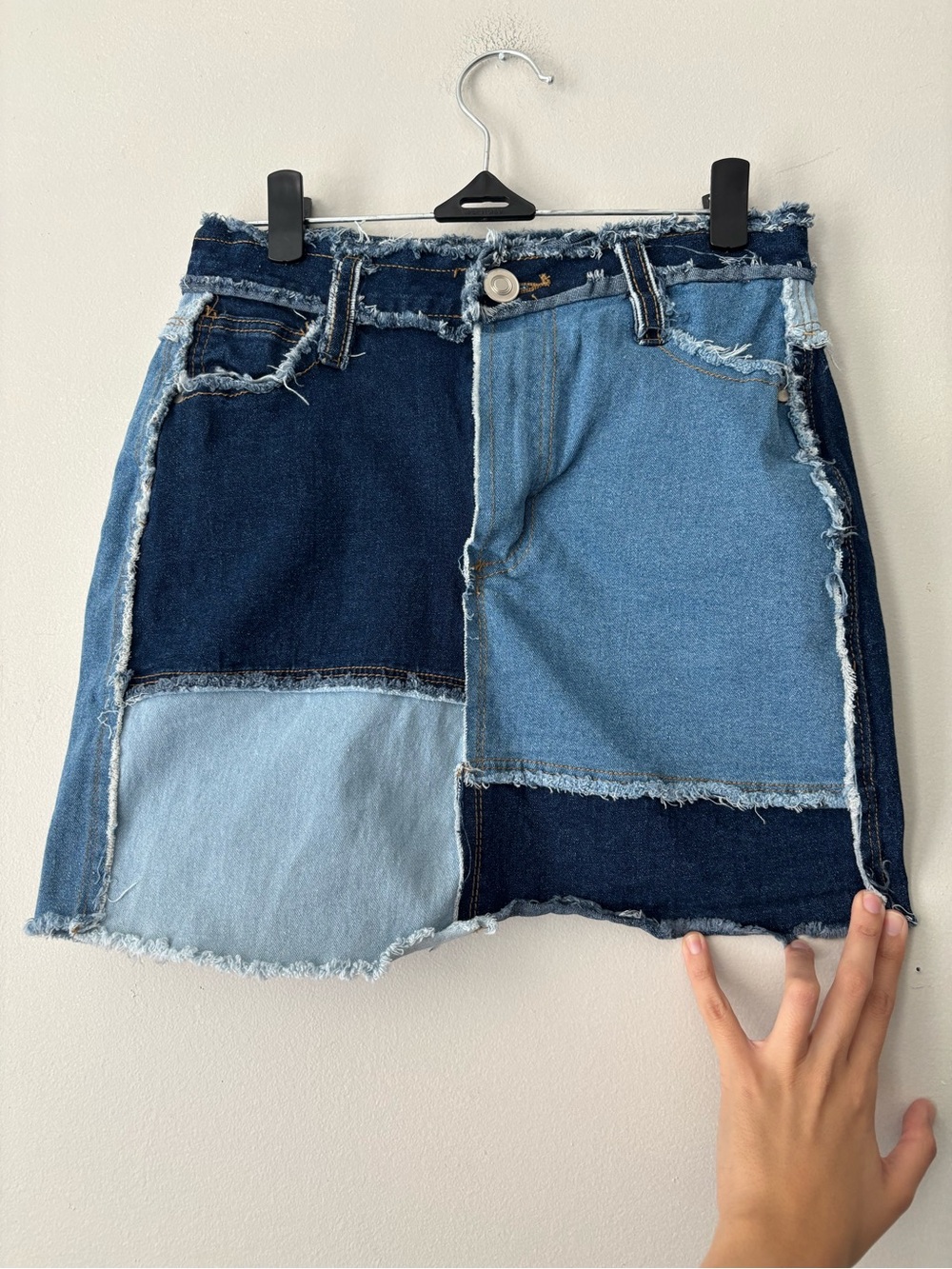 Multicolor Blue Patchwork Mini Denim Frayed Hem Punk Skater Skirt - Extra Small